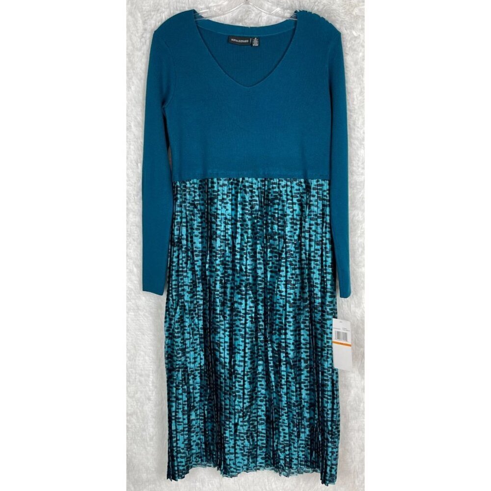 NWT Nina Leonard SP Dress Teal Knit Top Black Dots Bottom